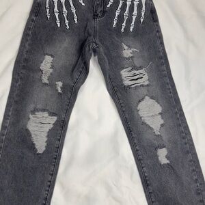Aelfric Eden Skeleton Hand Distressed Denim Jeans - Gray Sz 28